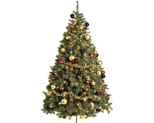 Sapin de Noël décoré avec des boules et une guirlande lumineuse