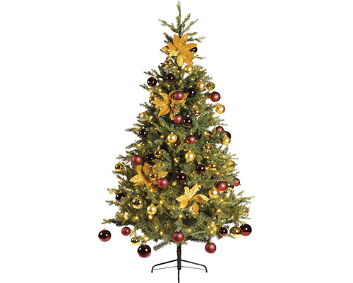 Geschmückter Weihnachtsbaum mit Kugeln, Blumen und Lichtern