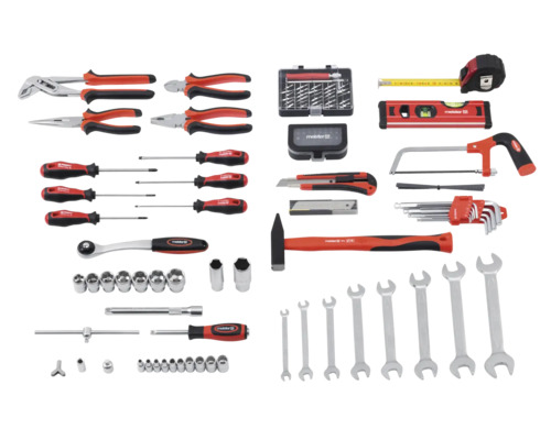 Sortiertes Werkzeugset mit Zangen, Schraubendrehern, Hammer, Schraubenschlüsseln und weiterem Werkzeug