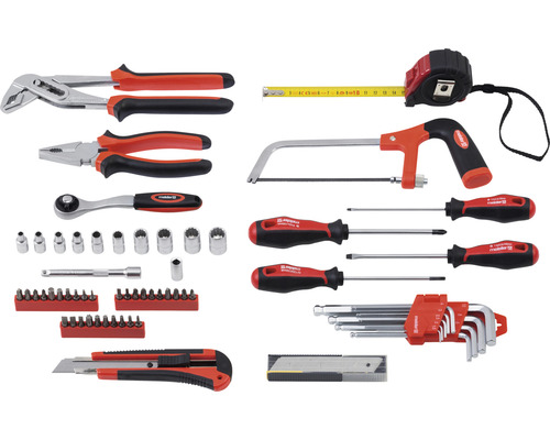 Set d''outils avec pince, tournevis, clé à molette, scie à métaux, clé, embouts et mètre ruban