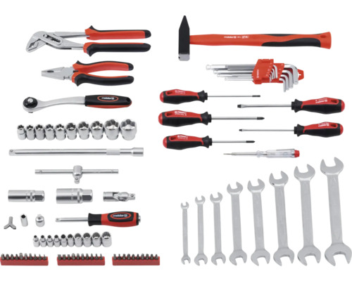 Assortiment d''outils avec marteau, clés, tournevis, pinces et jeu de douilles