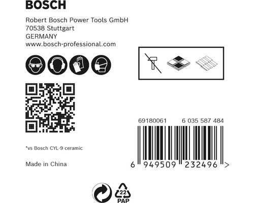Informations sur la société Bosch, consignes de sécurité, code-barres et symbole de recyclage