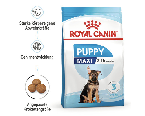 Royal Canin Logo. Trockenfutter für Welpen grosser Rassen von 2 bis 15 Monaten zur Unterstützung des Immunsystems, der Gehirnentwicklung und mit angepasster Krokettengrösse.