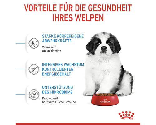 Welpe vor einer Schale Royal Canin Hundefutter mit Informationen zu den gesundheitlichen Vorteilen