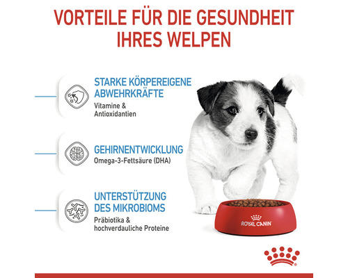 Illustration der gesundheitlichen Vorteile von Royal Canin Welpenfutter mit einem Welpen und einer Futterschale.