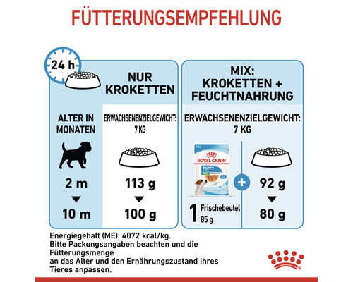 Fütterungsempfehlung für Hundewelpen mit Mengenangaben für Trockenfutter und Nassfutter