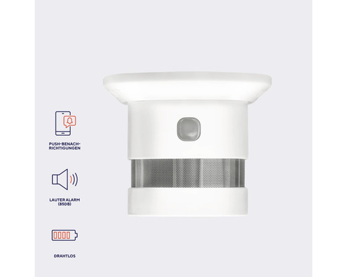 Weißer Rauchmelder mit Testknopf und Benachrichtigungsfunktion