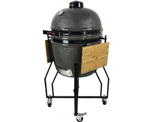 Barbecue en céramique sur roulettes avec étagères