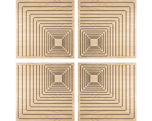 Vier Holzpaneele mit quadratischem Linienmuster für Wandgestaltung