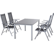 Table de jardin avec quatre fauteuils pliants en aluminium et revêtement textile