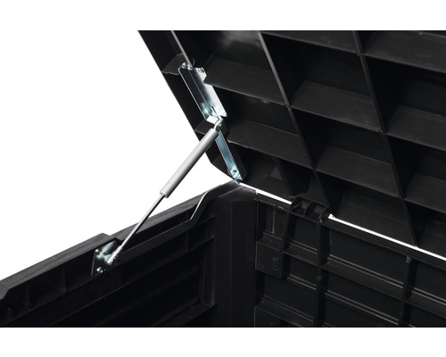 Detailansicht eines geöffneten Kunststoffdeckels mit Gasdruckfeder