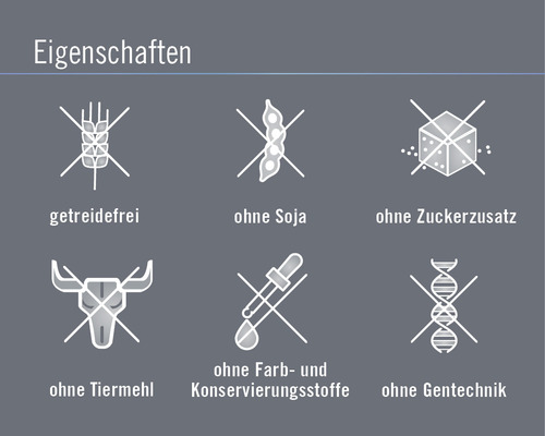 Eigenschaften: Getreidefrei, ohne Soja, ohne Zuckerzusatz, ohne Tiermehl, ohne Farb- und Konservierungsstoffe, ohne Gentechnik