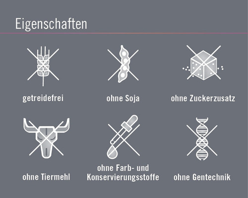 Eigenschaften: getreidefrei, ohne Soja, ohne Zuckerzusatz, ohne Tiermehl, ohne Farb- und Konservierungsstoffe, ohne Gentechnik