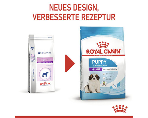 Zwei Verpackungen Royal Canin Puppy Giant Hundefutter mit neuem Design und verbesserter Rezeptur.