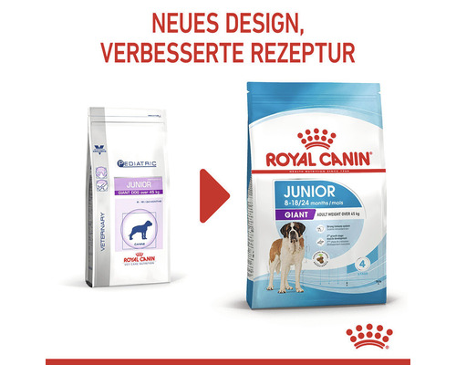 Abbildung von zwei Verpackungen Royal Canin Junior Hundetrockenfutter für sehr große Rassen
