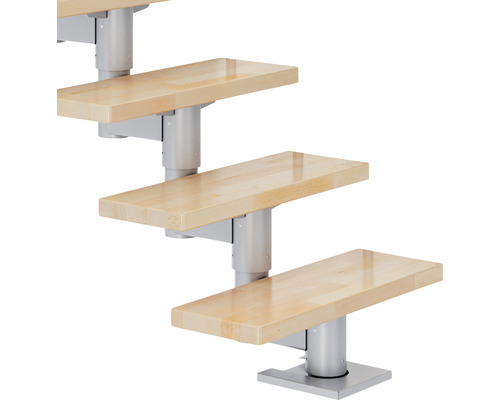 Escalier autoportant avec marches en bois et poteaux métalliques