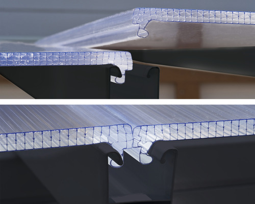 Vue détaillée de plaques alvéolaires transparentes sur une sous-structure.
