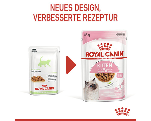 Zwei Packungen Royal Canin Katzenfutter, mit dem Hinweis neues Design, verbesserte Rezeptur.