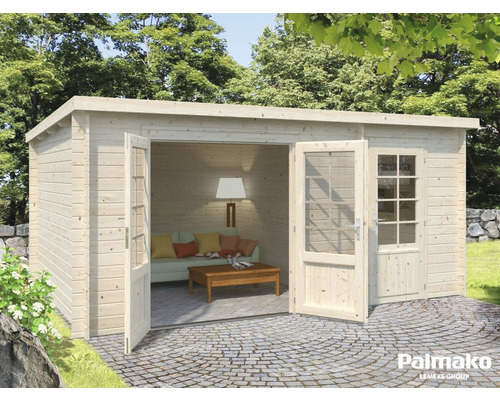 Abri de jardin Palmako Ella 13,1 m² 477 x 350 cm naturel Abri de jardin en bois avec portes doubles ouvertes et fenêtre