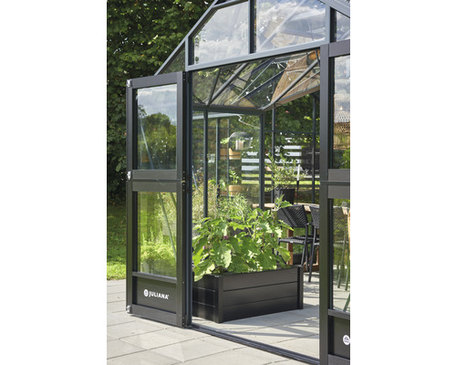 Serre avec plantations et porte ouverte et logo Juliana