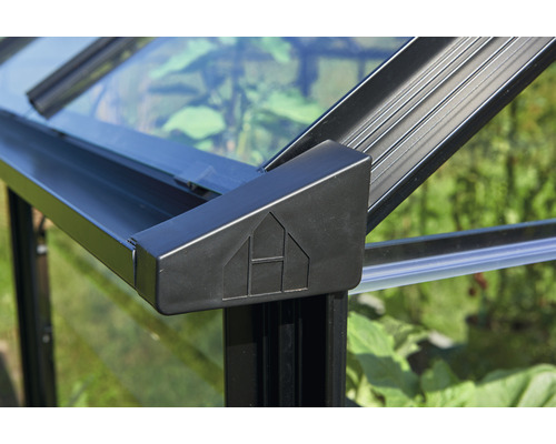 Vue détaillée d''une serre avec des panneaux de verre et un cadre