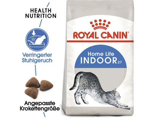 Royal Canin Logo. Packung Royal Canin Indoor 27 Katzenfutter für Hauskatzen mit angepasster Krokettengröße zur Reduzierung des Stuhlgeruchs.