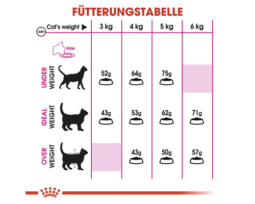 Fütterungstabelle für Katzen mit Angaben zu Gewicht und Futtermenge