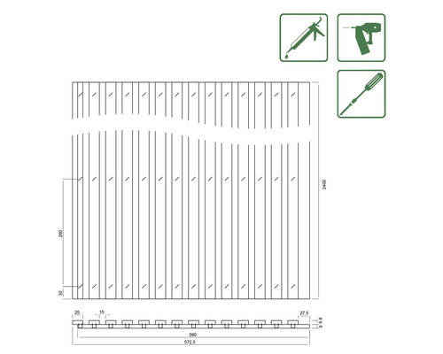 Technische Zeichnung einer Zaunblende mit Maßangaben und Werkzeug-Symbolen