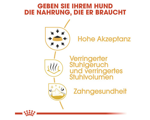 Informationen zu hoher Akzeptanz, reduziertem Stuhlgeruch und verbesserter Zahngesundheit von Hundefutter.