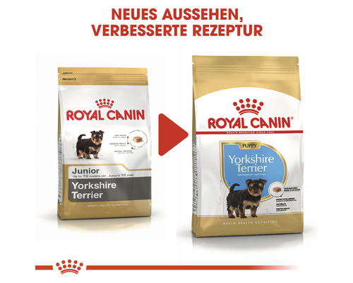 Zwei Packungen Royal Canin Yorkshire Terrier Hundefutter, eine für Welpen bis zehn Monate und eine für ältere Hunde