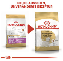 Zwei Verpackungen Royal Canin Adult Hundefutter für West Highland White Terrier im Vergleich.
