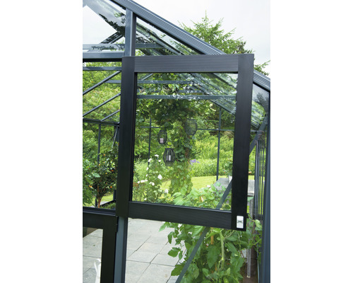 Geöffnetes Fenster eines Gewächshauses mit Pflanzen im Garten