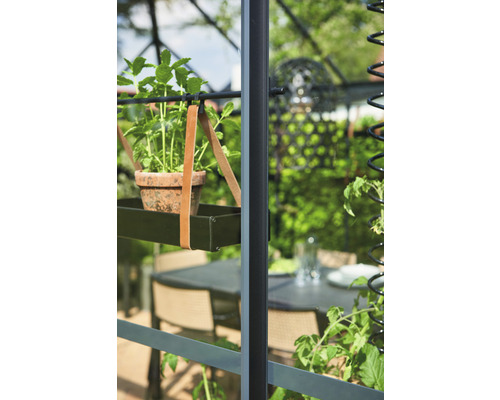 Innenansicht eines Gewächshauses mit Pflanzgefäß und Gartenzubehör