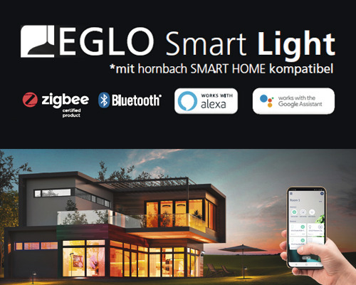 EGLO Smart Light Produktwerbung mit Kompatibilitätshinweisen und Hausansicht