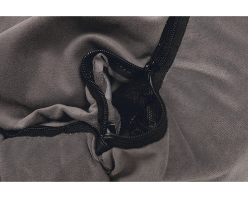 Detailansicht eines grauen Sitzsacks mit Reißverschluss