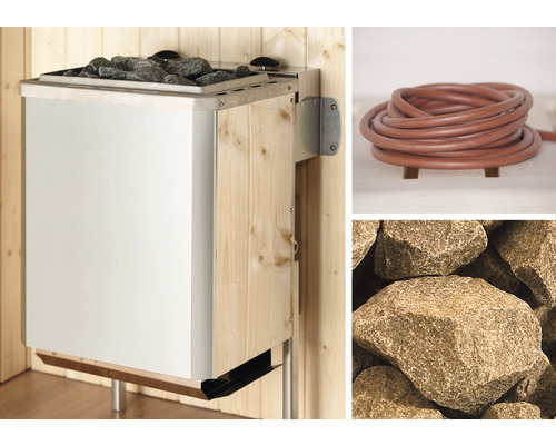 Saunaofen mit Steinen, Saunaschlauch und Saunasteine Nahaufnahme