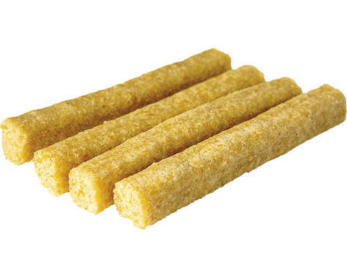 Quatre snacks jaunes pour chiens en forme de bâtonnets