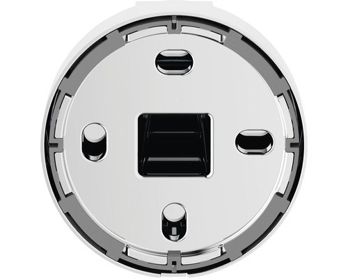 Runde, weiße Anschlussdose zur Wandmontage mit Aussparungen für Kabel