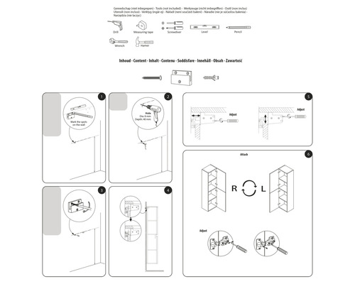 Instructions de montage pour un meuble avec des outils tels qu''une perceuse, un tournevis et un marteau