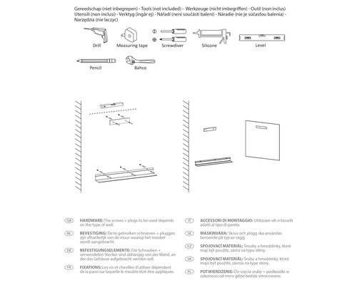 Instructions pour le montage mural de meubles, comprenant une perceuse, un mètre ruban, un tournevis, du silicone, un niveau, un crayon et une clé à molette