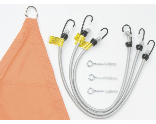 Dreieckiges Sonnensegel mit Befestigungsseilen, Haken und Schrauben