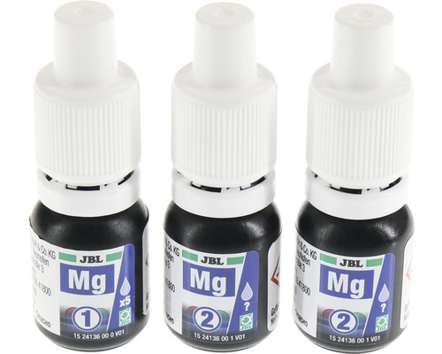 Drei Flaschen JBL Magnesium Test Reagenz zur Bestimmung des Magnesiumgehalts im Aquariumwasser