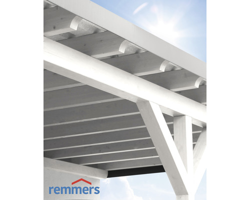 Vue détaillée d''une pergola en bois blanc avec le logo Remmers