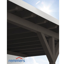 Detailansicht einer Holzpergola mit Remmers Logo