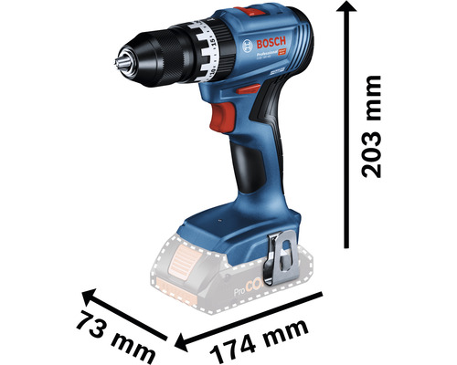 Visseuse sans fil avec des dimensions de 203 mm de hauteur, 73 mm de largeur et 174 mm de longueur