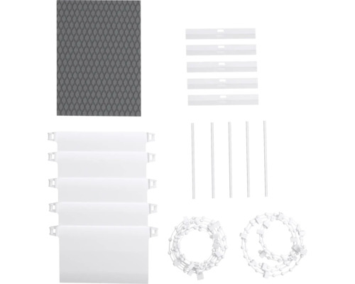 Composants pour un store à lamelles, comprenant les lamelles, les plaques de lestage, la chaîne de connexion et les accessoires.