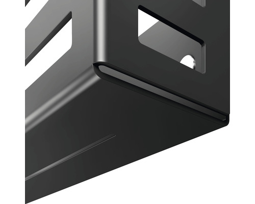 Detailansicht eines schwarzen, eckigen Regals mit Aussparungen