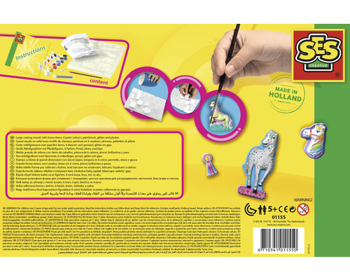 SES Creative moule de moulage de figurines en plâtre de chevaux avec six couleurs, pinceau, paillettes et plâtre