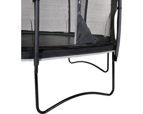 Vue détaillée d''un trampoline de jardin avec filet de sécurité et cadre noir.