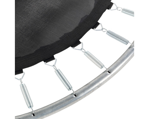 Gros plan sur le ressort du trampoline, la toile de saut et le cadre